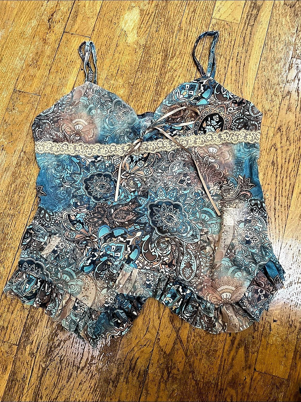 SHEIN Blue Paisley Print Mesh Lace Trim Cami Top Cover-Up XL